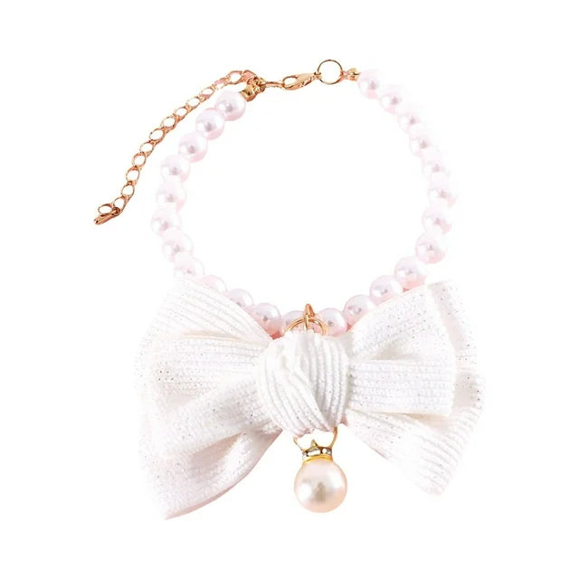 Adjustable Cat Pearl Collar with Bow Tie