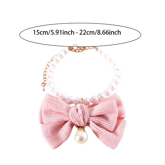 Adjustable Cat Pearl Collar with Bow Tie
