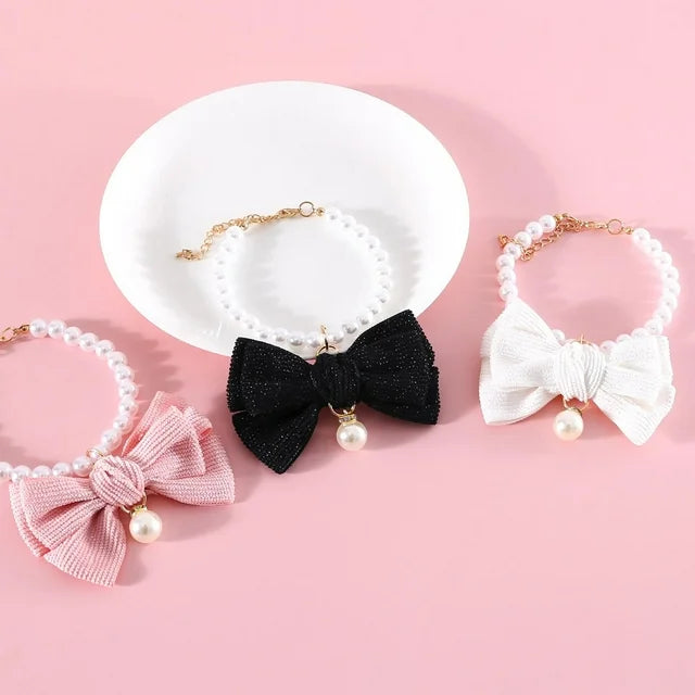 Adjustable Cat Pearl Collar with Bow Tie