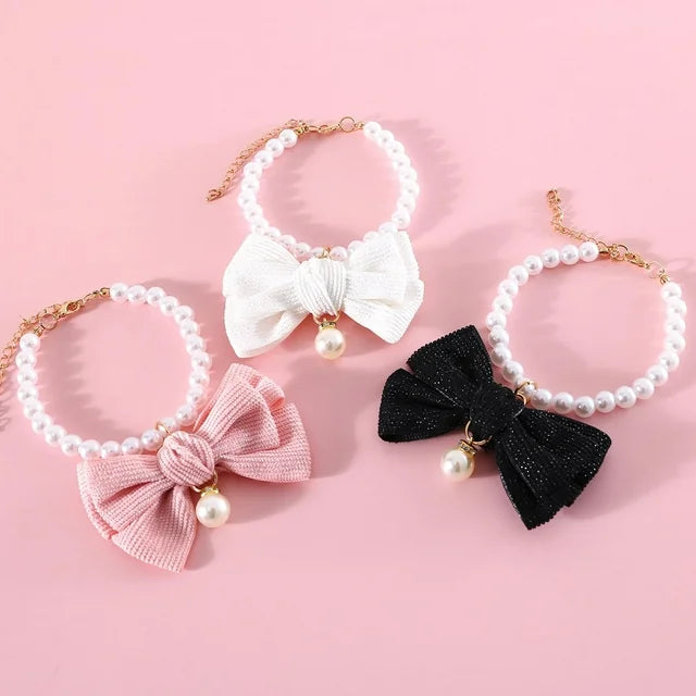 Adjustable Cat Pearl Collar with Bow Tie