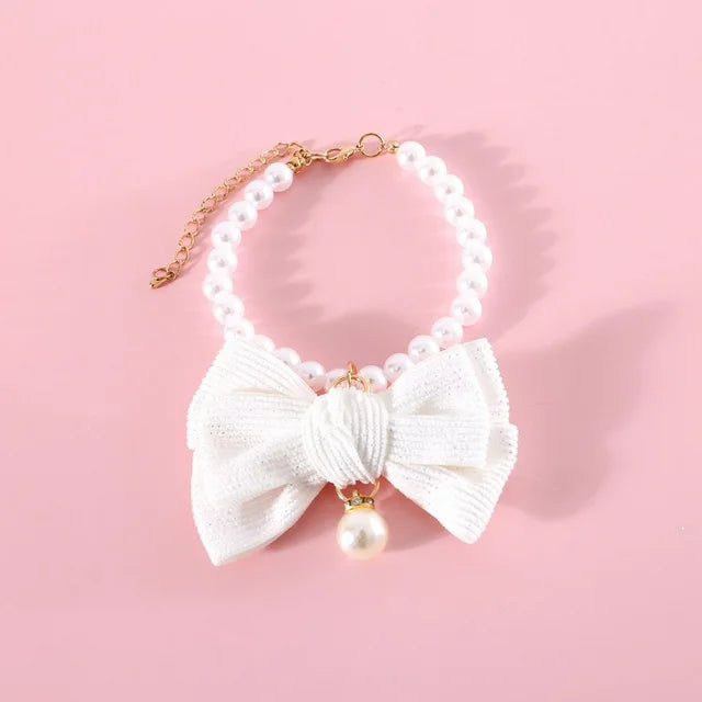 Adjustable Cat Pearl Collar with Bow Tie