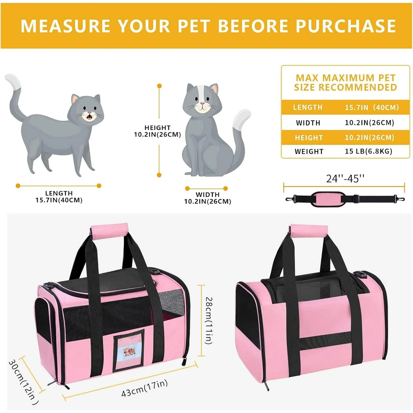 DENZUS Cat and Small Dog Travel Bag, TSA-Approved Soft-Sided Pet Tote for Pets Under 15lb, Collapsible Airline-Friendly Design – Pink