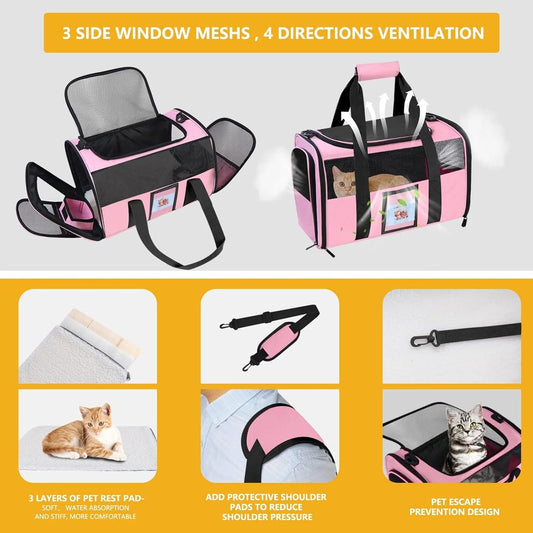 DENZUS Cat and Small Dog Travel Bag, TSA-Approved Soft-Sided Pet Tote for Pets Under 15lb, Collapsible Airline-Friendly Design – Pink