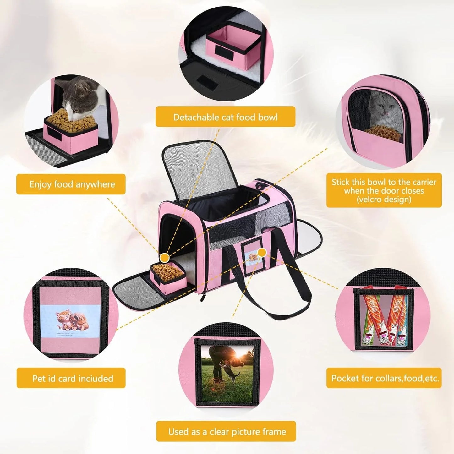 DENZUS Cat and Small Dog Travel Bag, TSA-Approved Soft-Sided Pet Tote for Pets Under 15lb, Collapsible Airline-Friendly Design – Pink