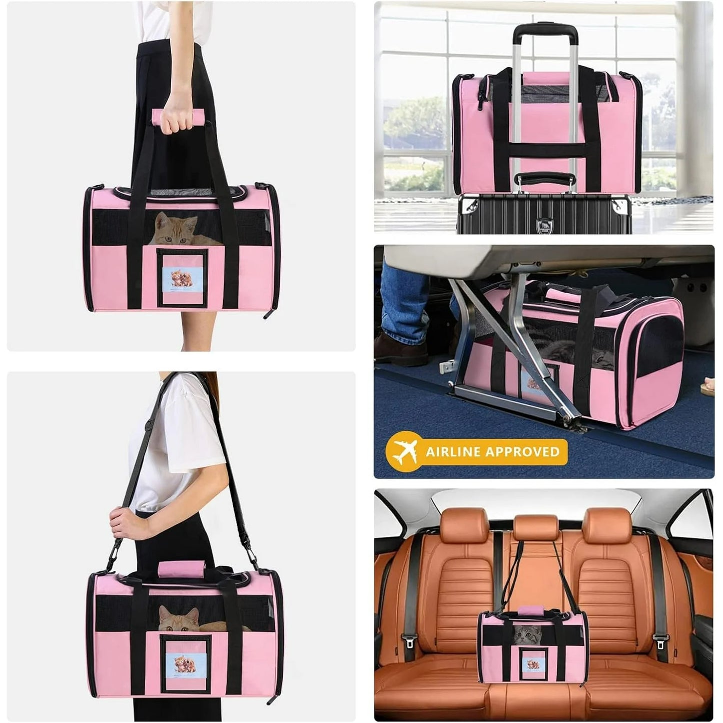 DENZUS Cat and Small Dog Travel Bag, TSA-Approved Soft-Sided Pet Tote for Pets Under 15lb, Collapsible Airline-Friendly Design – Pink